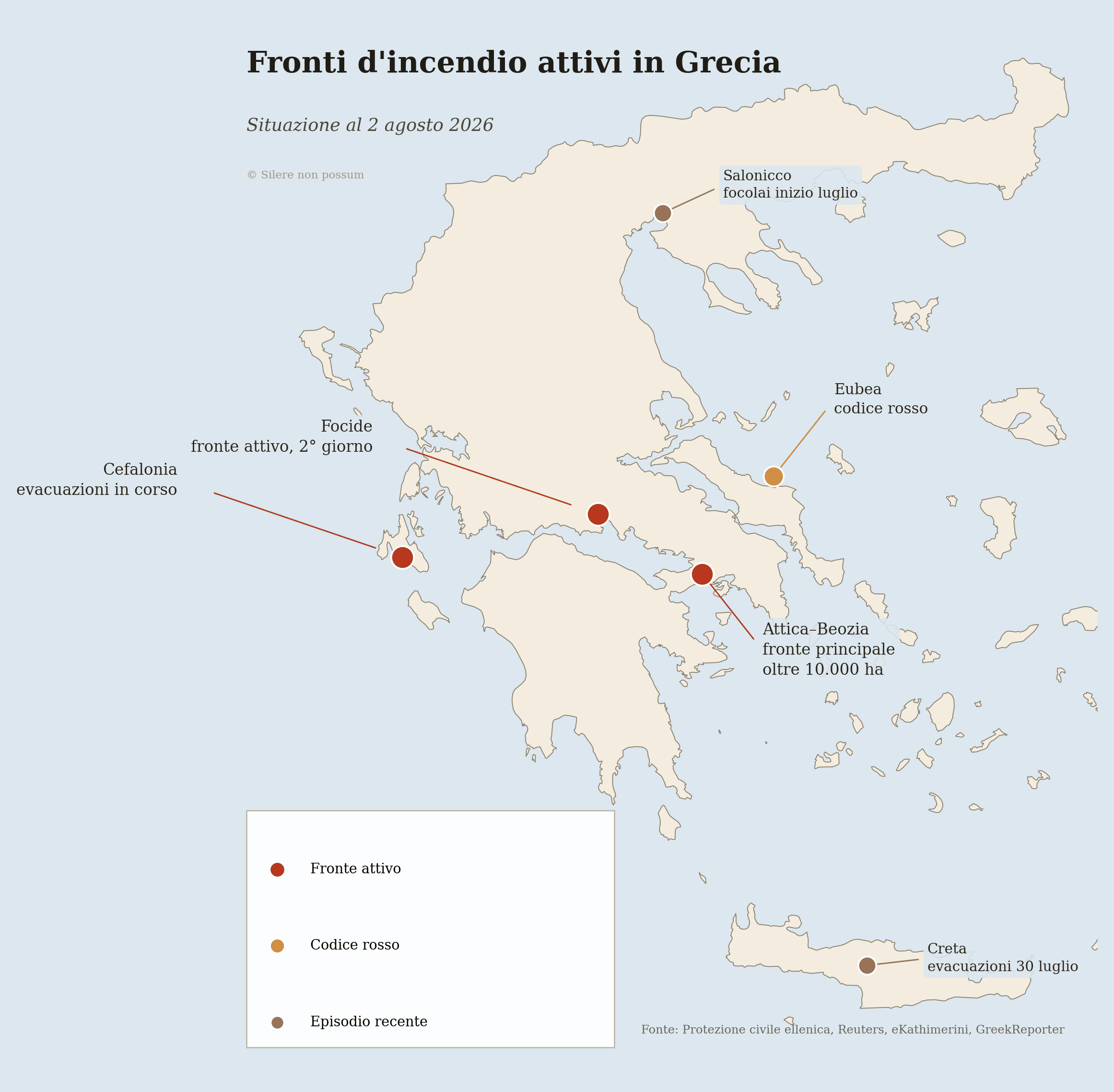 Mappa dei fronti d'incendio attivi in Grecia, agosto 2026